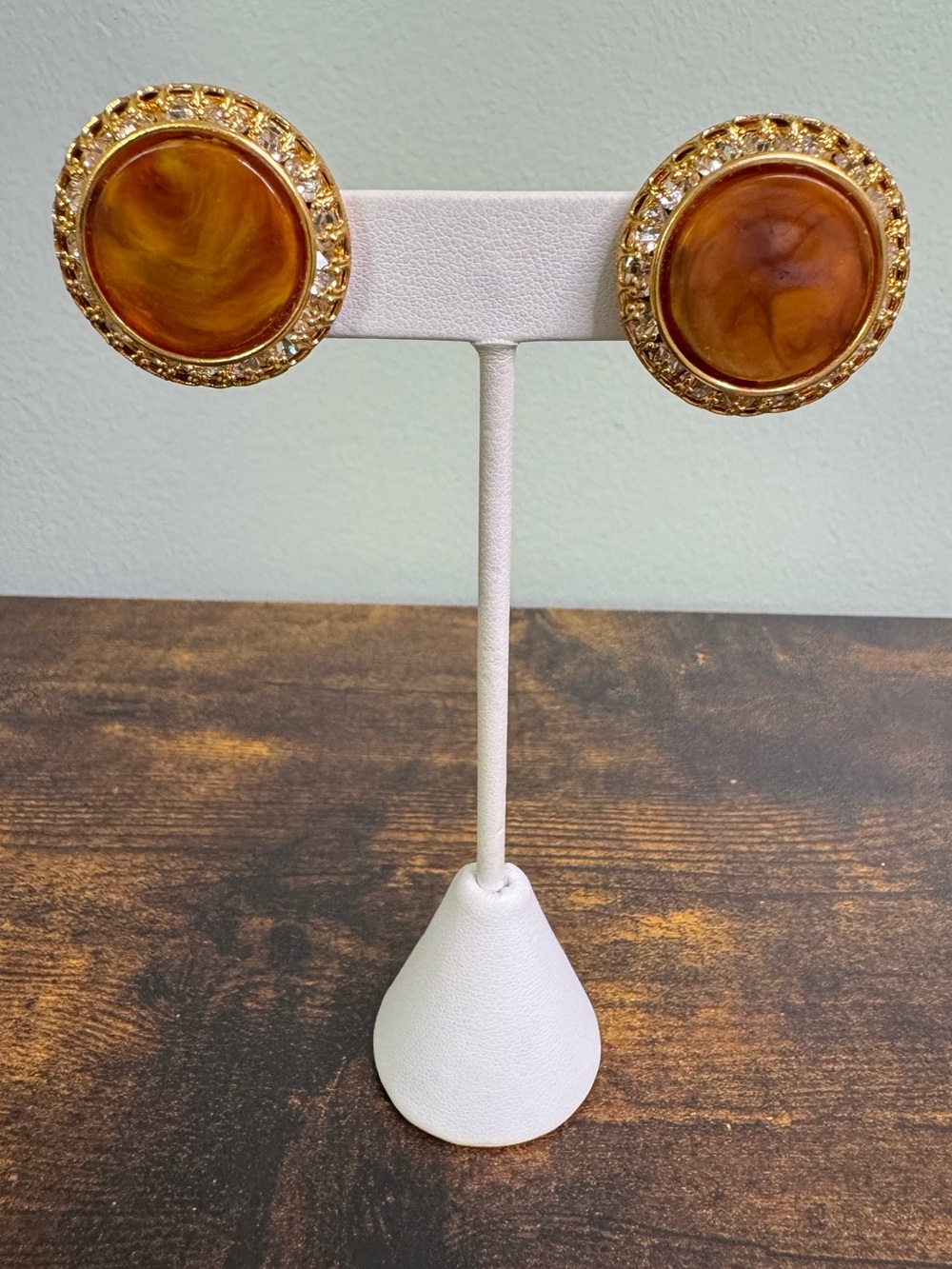 Gold-Tone Brown Resin Round Statement Clip- On Earrings